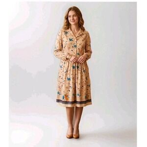 Sherri Classics Vintage 18P Paisley Floral Midi Secretary Shirt Dress Blue Tan
